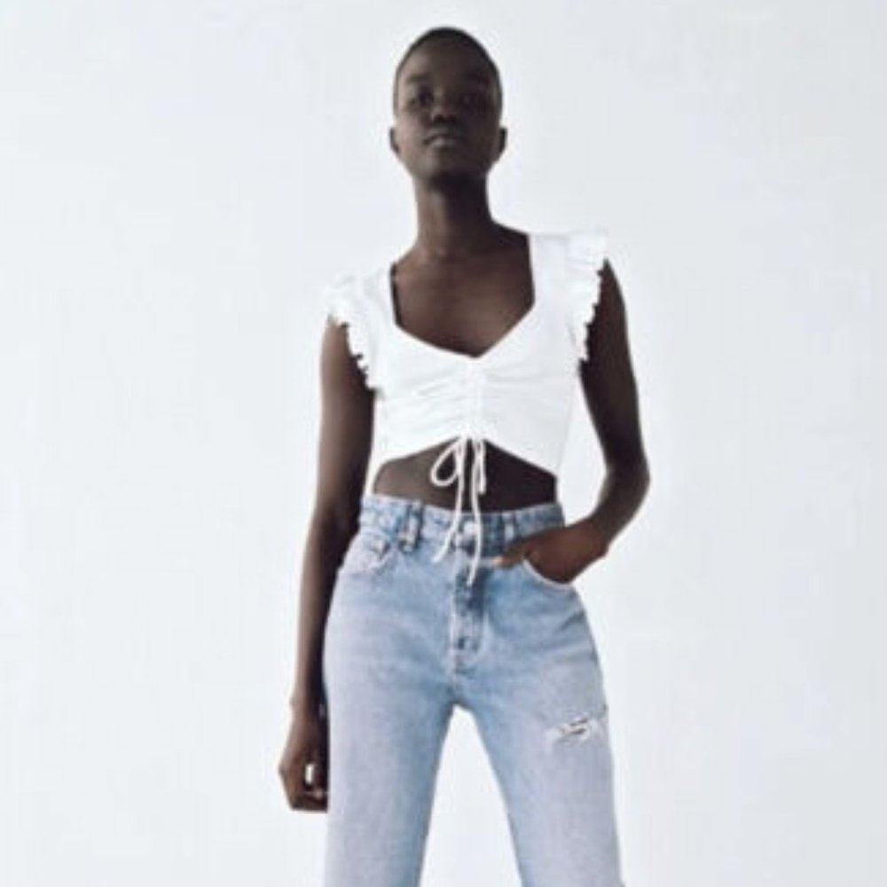 Zara Women's Crop Top White Ruched Drawstring Front Flutter Sleeve Sz L